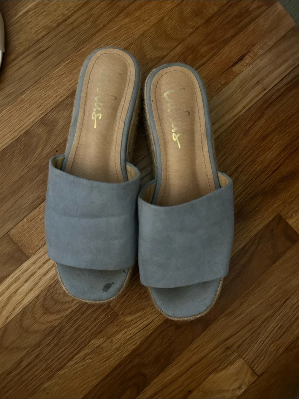 Wedge Slide Sandals — Light Gray Suede